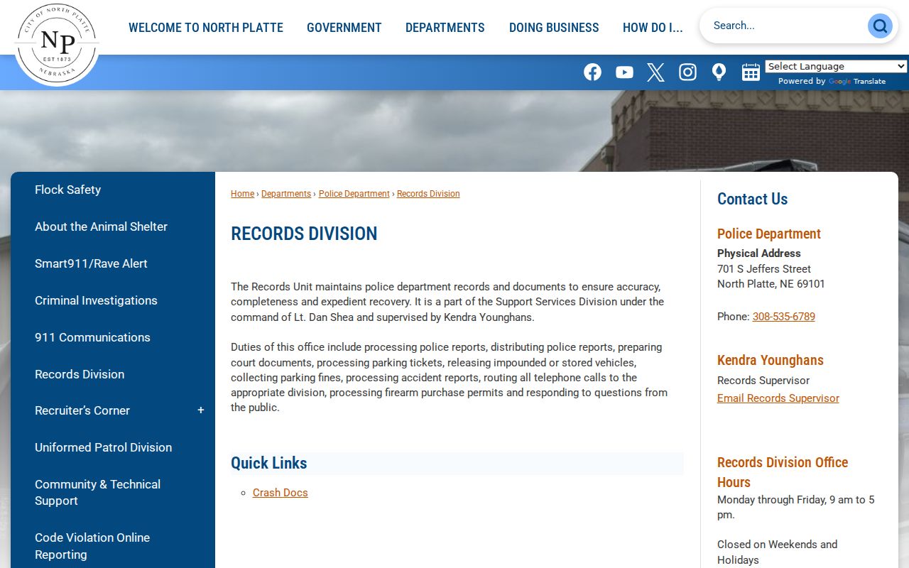 North Platte criminal records counter hours and police records services