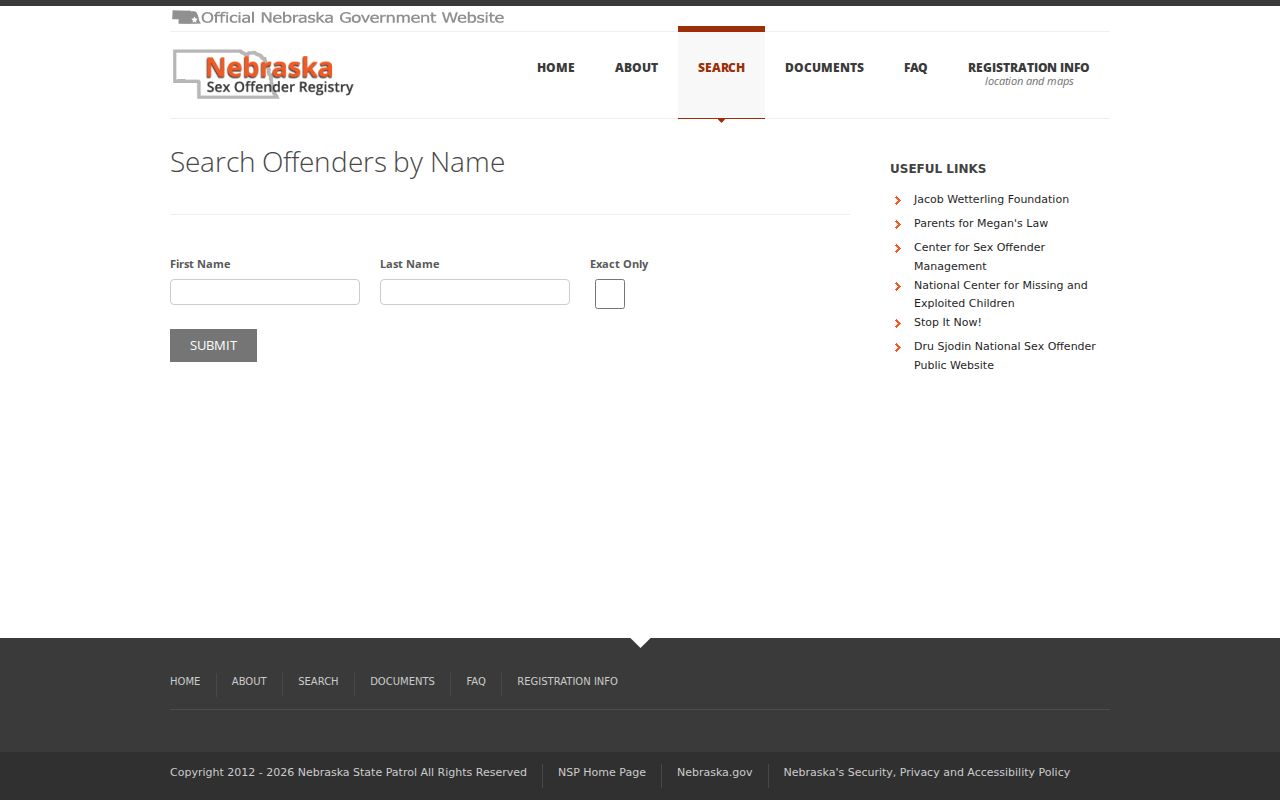 Lincoln County sex offender name search form on Nebraska registry