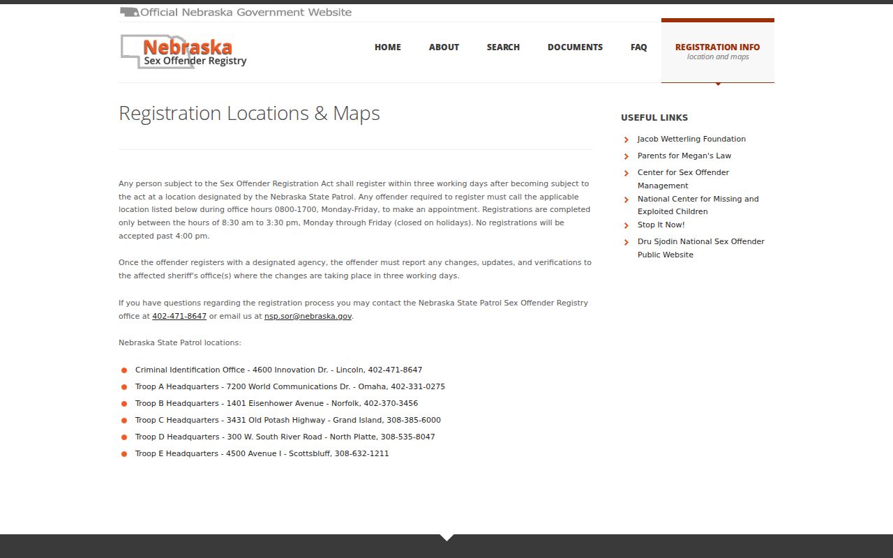 Lincoln County sex offender registration location at Nebraska State Patrol Troop D